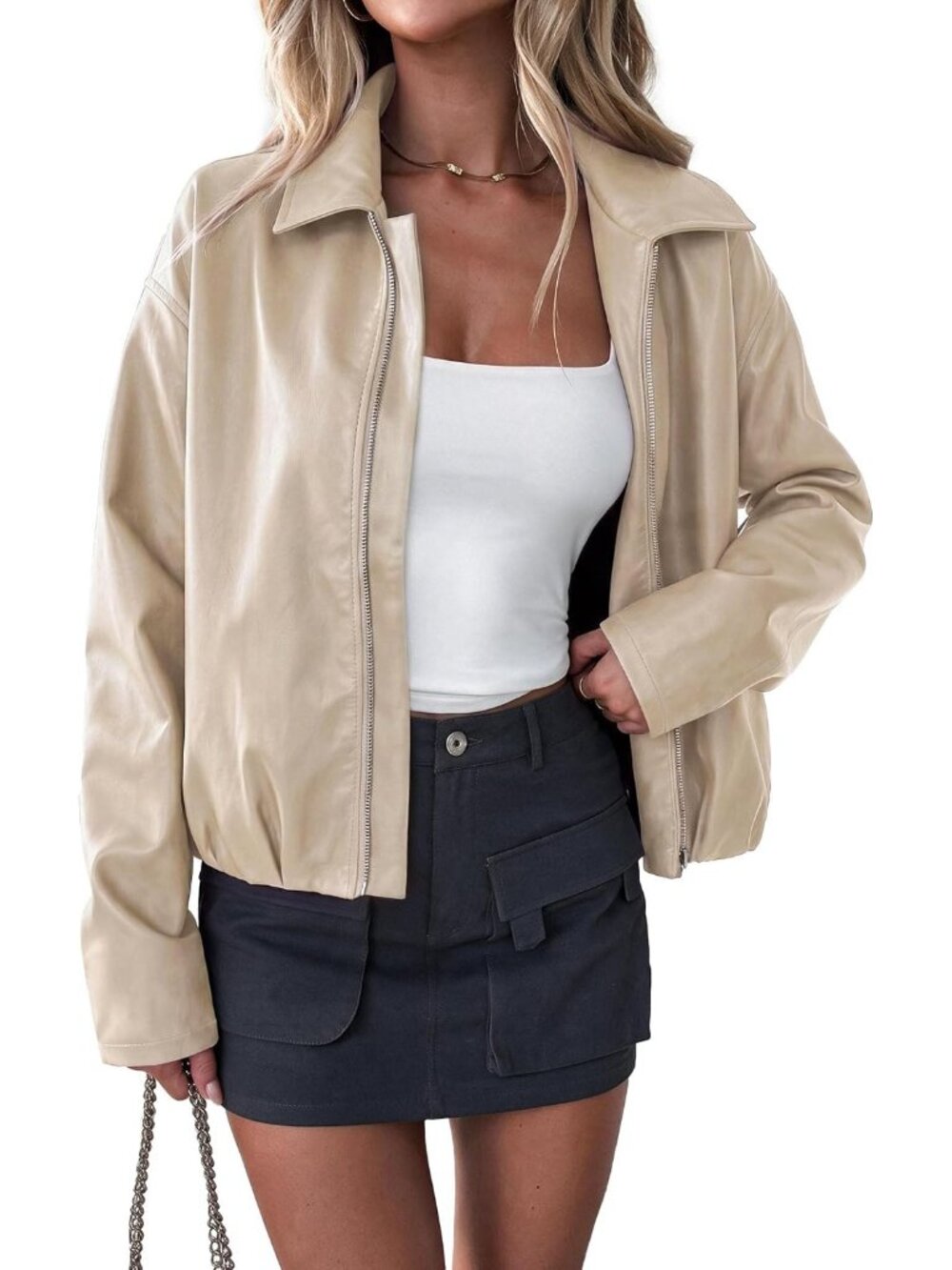Women’s Apricot Faux Leather Moto Zip Up Collared Fall Coat Cropped Jacket